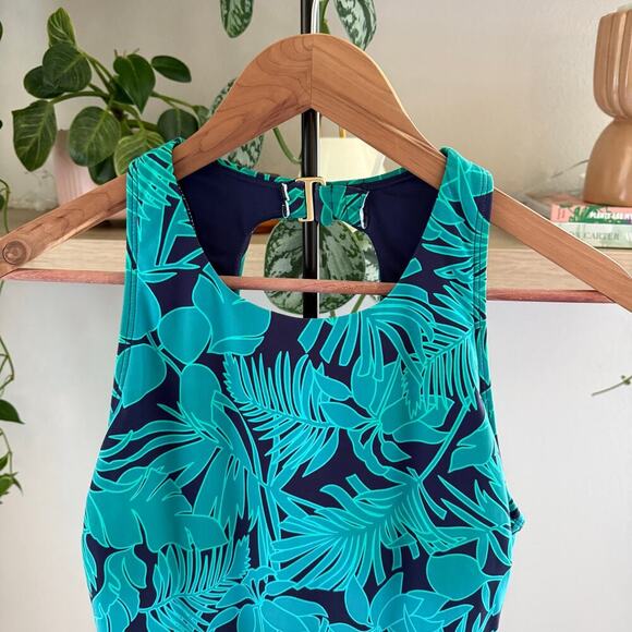 Lands End One Piece Swimsuit L Navy Teal Blue Tropical Racerback Modest Swimwear - Picture 3 of 6